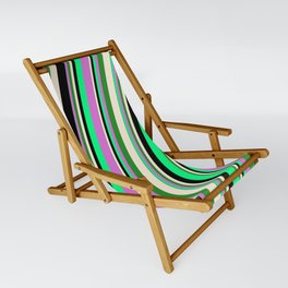 [ Thumbnail: Vibrant Green, Orchid, Forest Green, Beige & Black Colored Striped Pattern Sling Chair ]