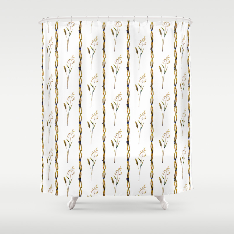 Abstract Navy Blue Gold Brown Floral Stripes Shower Curtain By