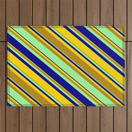 [ Thumbnail: Yellow, Dark Goldenrod, Green & Dark Blue Colored Lined/Striped Pattern Outdoor Rug ]