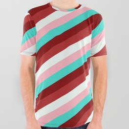 [ Thumbnail: Light Pink, Turquoise, Maroon, Red, and Mint Cream Colored Lined/Striped Pattern All Over Graphic Tee ]