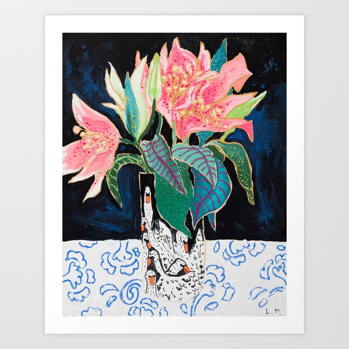 Swan Vase with Pink Lily Flower Bouquet on Dark Blue and Black Winter Floral Art Print