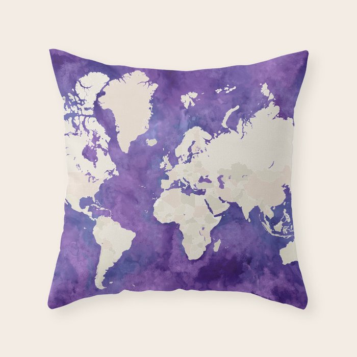 Purple Watercolor And Light Brown World Map With Outilined