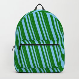 [ Thumbnail: Light Sky Blue & Green Colored Pattern of Stripes Backpack ]