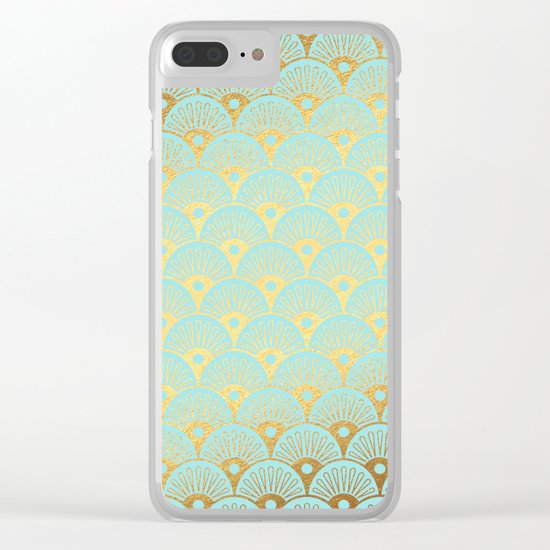 Art Deco Scales Pattern on aqua turquoise with Gold foil effect Clear iPhone Case