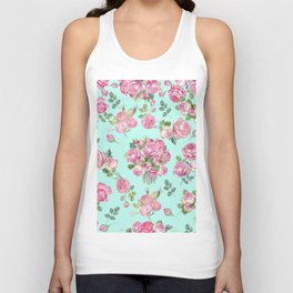 Modern Hand Painted Mint Green Pink Watercolor Roses Unisex Tank Top