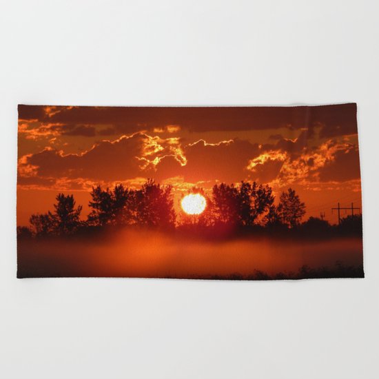 Flaming Horses over the Foggy Sunrise Beach Towel