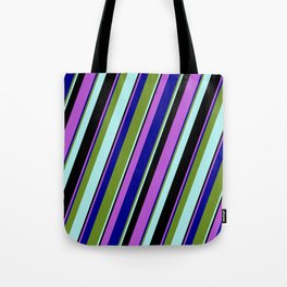 [ Thumbnail: Eyecatching Orchid, Dark Blue, Green, Turquoise, and Black Colored Stripes/Lines Pattern Tote Bag ]