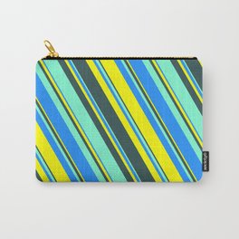 [ Thumbnail: Blue, Yellow, Dark Slate Gray, and Aquamarine Colored Lines Pattern Carry-All Pouch ]