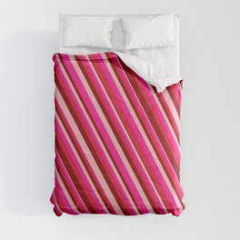 [ Thumbnail: Deep Pink, Crimson, Dark Red, and Light Pink Colored Lines/Stripes Pattern Comforter ]
