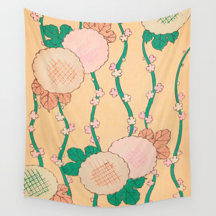 Pink Blossoms Green Vines Floral Print Vintage Japanese Retro Pattern Wall Tapestry