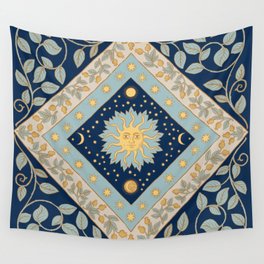 Sun Moon and Stars Celestial Blue Wall Tapestry