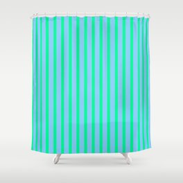 [ Thumbnail: Light Sky Blue and Green Colored Striped Pattern Shower Curtain ]