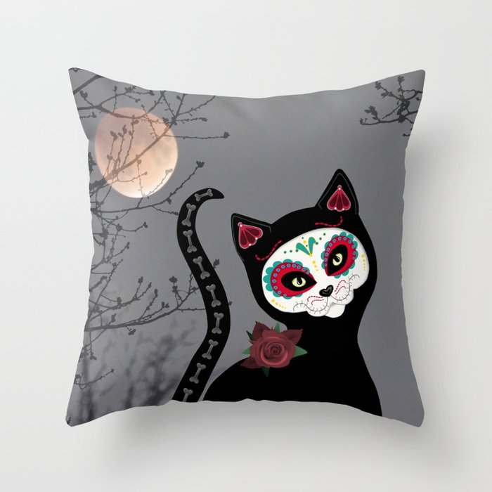 Sugar Skull Black Cat Throw Pillow