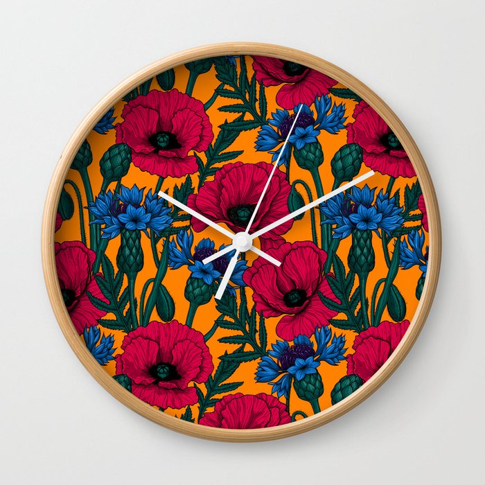 Red poppies and blue cornflowers Wall Clock