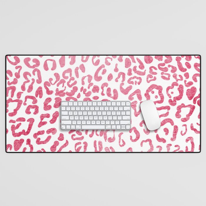 Abstract Hipster Girly Pink White Leopard Animal Print Desk Mat