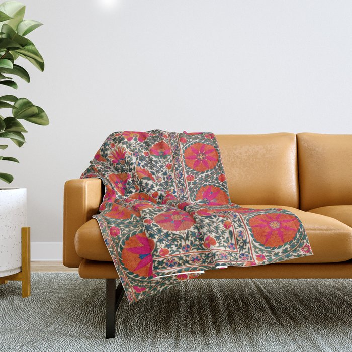 Kermina Suzani Uzbekistan Colorful Embroidery Print Throw Blanket