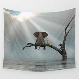 elephant and dog sit on a tree during a flood Wall Tapestry