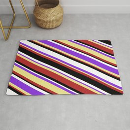 [ Thumbnail: Colorful Purple, Tan, Red, Black & White Colored Stripes Pattern Rug ]