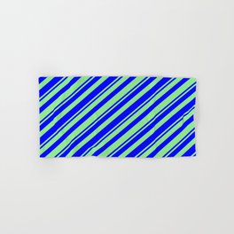 [ Thumbnail: Blue & Light Green Colored Striped Pattern Hand & Bath Towel ]