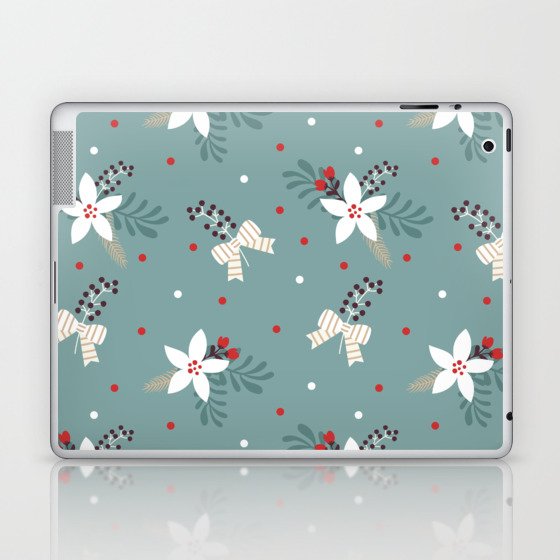 Christmas Pattern Turquoise White Bow Flower Laptop & iPad Skin