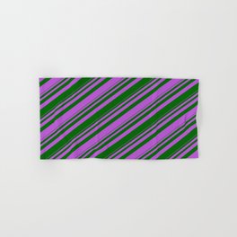[ Thumbnail: Orchid & Dark Green Colored Striped Pattern Hand & Bath Towel ]