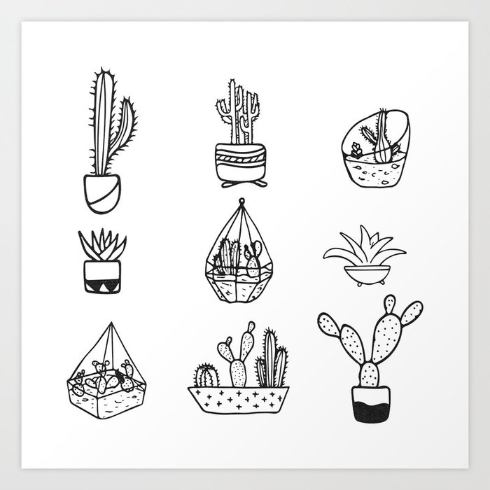 Minimalist Cacti Collection Black And White Art Print By Naturemagick Society6 Drawing a continuous line of cactus plants. minimalist cacti collection black and white art print by naturemagick