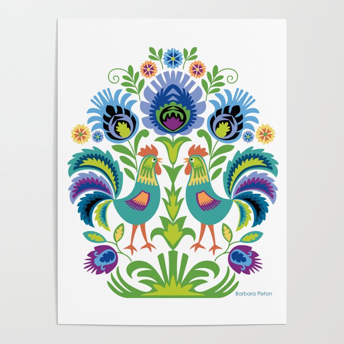 Polish Folk Design Two Roosters Poster