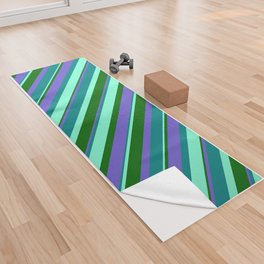 [ Thumbnail: Aquamarine, Teal, Slate Blue, and Dark Green Colored Striped Pattern Yoga Towel ]