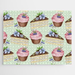 Watercolor texture with blueberries cupcakes and a piece of vanilla cake Jigsaw Puzzle