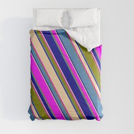 [ Thumbnail: Blue, Dark Blue, Tan, Fuchsia, and Green Colored Stripes/Lines Pattern Comforter ]
