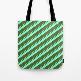 [ Thumbnail: Dark Olive Green and Aquamarine Colored Lined Pattern Tote Bag ]