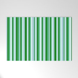 [ Thumbnail: Light Cyan, Light Blue, Green, and Sea Green Colored Pattern of Stripes Welcome Mat ]