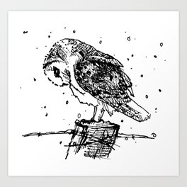 Owl on a Fencepost in the Snow Sketch in Black and White Art Print