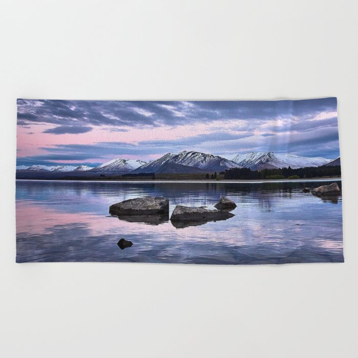 New Zealand Photography - Stones In The Water Under The Cloudy Pink Sky Beach Towel