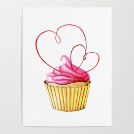 Watercolor cupcake with pink hearts Poster
