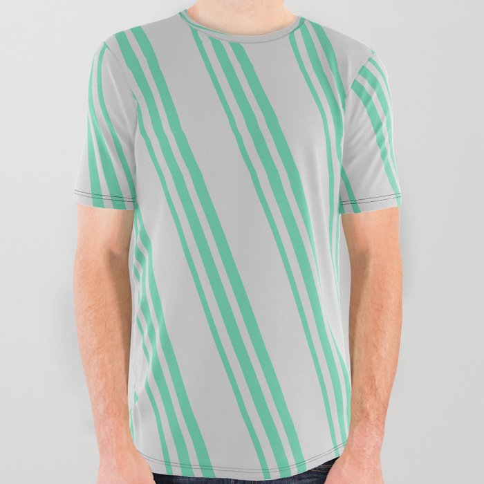 Light Gray and Aquamarine Colored Striped Pattern All Over Graphic Tee