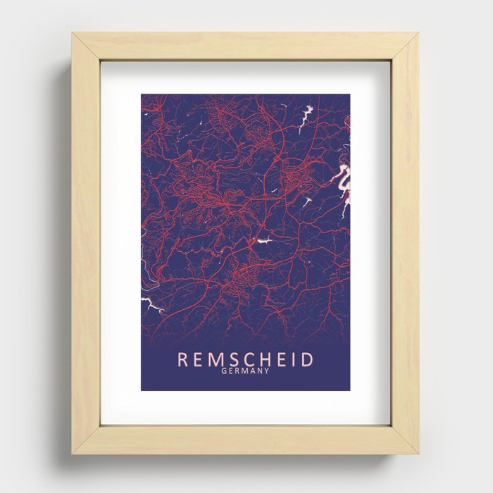 Remscheid, Germany, Blue, White, City, Map Recessed Framed Print