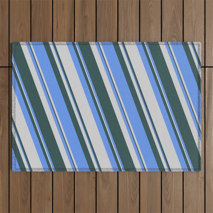 Cornflower Blue, Light Grey & Dark Slate Gray Colored Lines/Stripes Pattern Outdoor Rug
