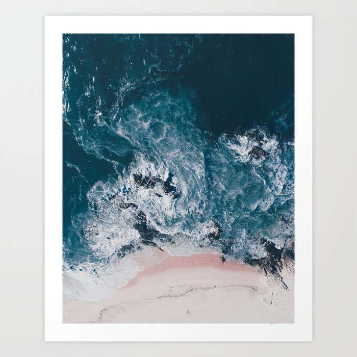 Beach Print - Aerial Ocean - Pink Sand with Words Love - Crashing Waves - Sea - Travel photography Art Print