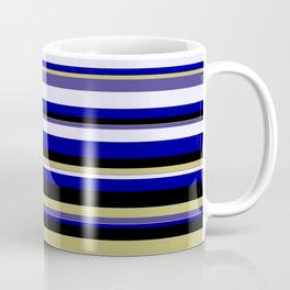 [ Thumbnail: Eyecatching Dark Khaki, Dark Slate Blue, Lavender, Dark Blue, and Black Colored Lines Pattern Coffee Mug ]