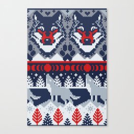 Fair isle knitting grey wolf // navy blue and grey wolves red moons and pine trees Canvas Print