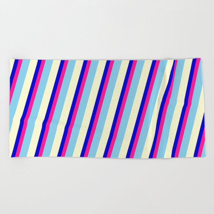 Blue, Deep Pink, Sky Blue, and Light Yellow Colored Stripes/Lines Pattern Beach Towel