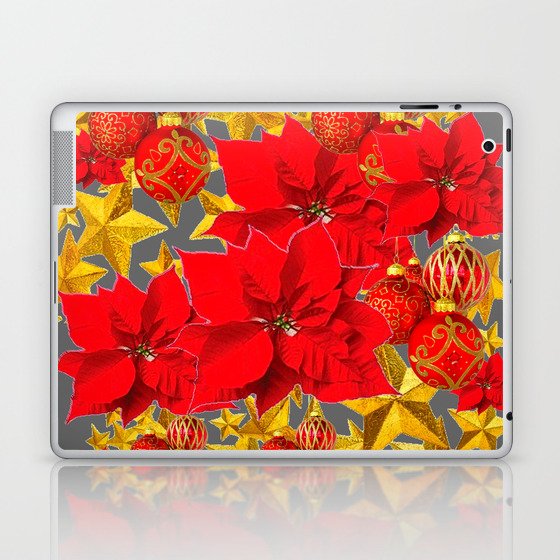 RED-GOLD ORNAMENTS POINSETTIAS  GREY ART Laptop & iPad Skin