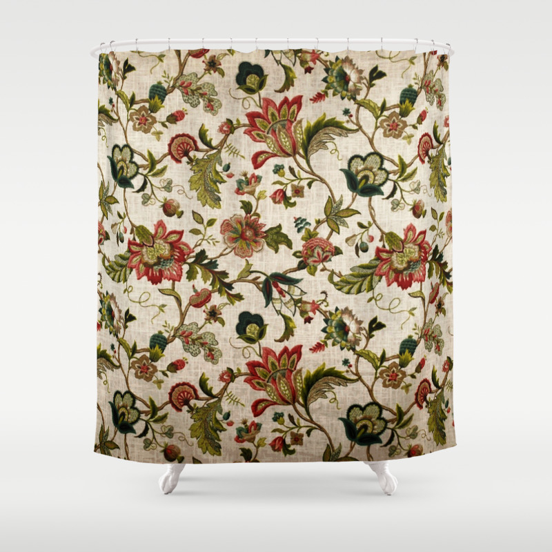 Red Green Jacobean Fl Embroidery, Jacobean Leaf Shower Curtain