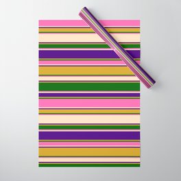 [ Thumbnail: Eyecatching Goldenrod, Dark Green, Hot Pink, Bisque & Indigo Colored Striped/Lined Pattern Wrapping Paper ]