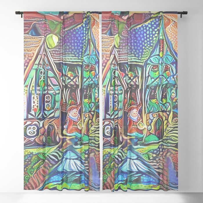 A decorated Christmas village - artistic illustration artwork Sheer Curtain