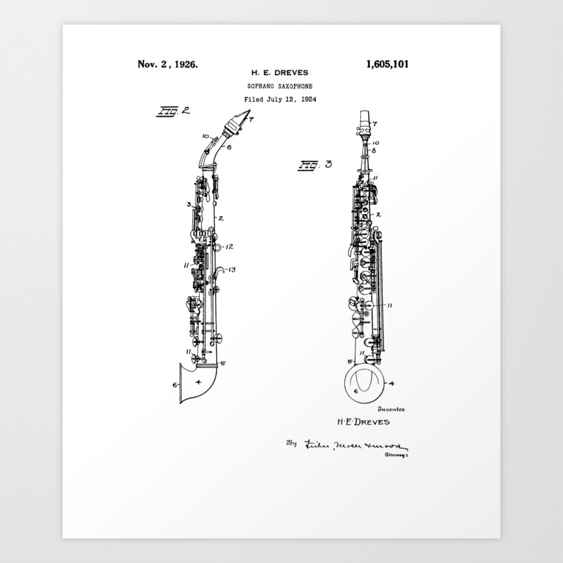 Patent Print 1926 Soprano Saxophone Art Print By Vppdesign Society6