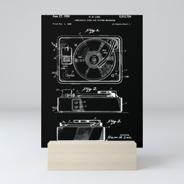 Turntable Patent - White on Black Mini Art Print