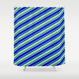 [ Thumbnail: Light Green and Blue Colored Lined Pattern Shower Curtain ]