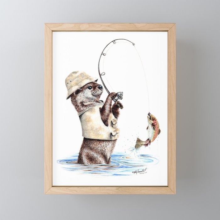 " Natures Fisherman " fishing river otter with trout Framed Mini Art Print